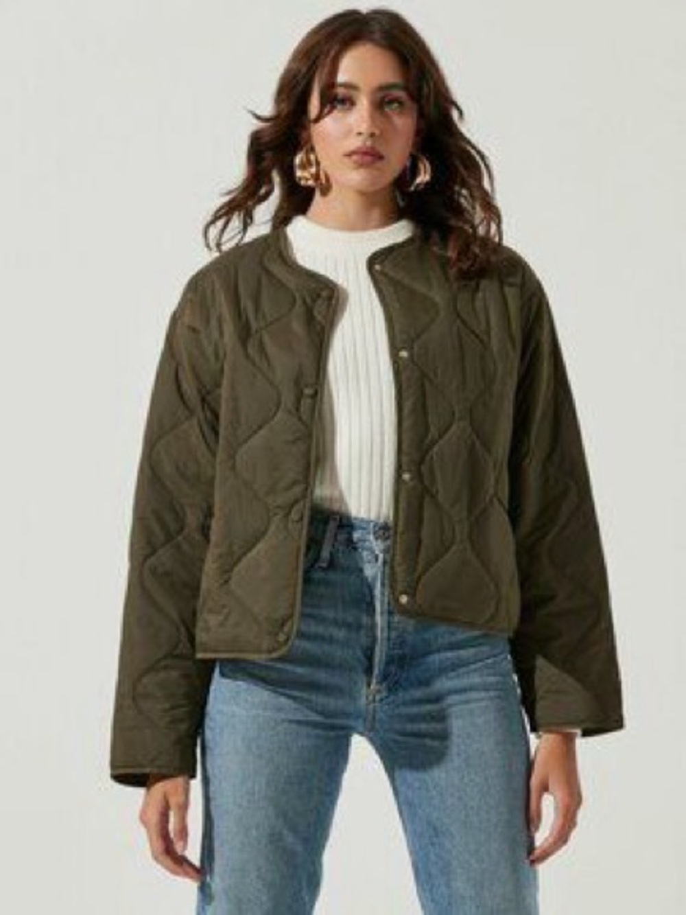 Astr Olive Green Quilted Snap Jacket